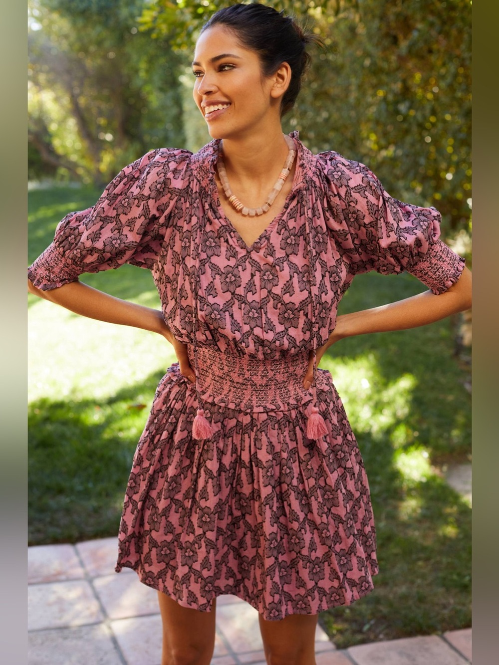 Roller Rabbit Pau Fiorella Smocked Mini Dress Pink Black - Size XL
